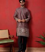 Thread & zari embroidered cotton silk mauve kurta with trouser pant