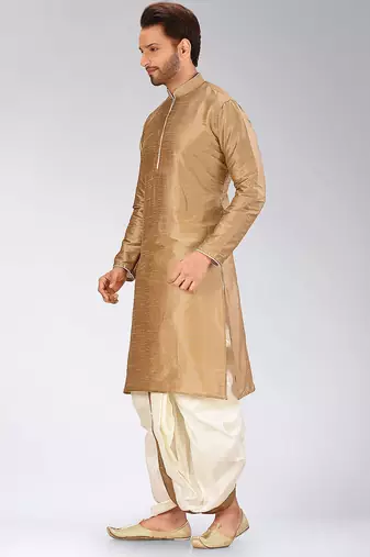 Beige dupon art silk kurta with pipepin work