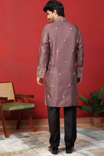 Thread & zari embroidered cotton silk mauve kurta with trouser pant