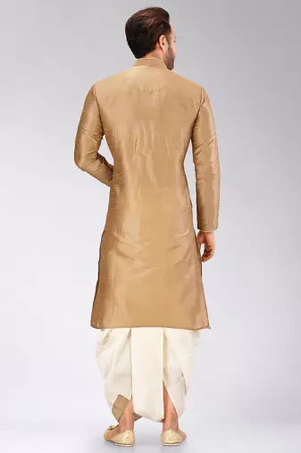 Beige dupon art silk kurta with pipepin work