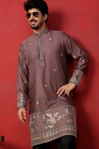 Thread & zari embroidered cotton silk mauve kurta with trouser pant