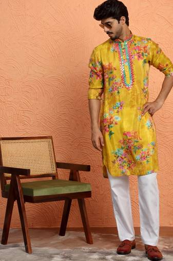 Silk yoke design floral mirror work mustard kurta with trouser pant