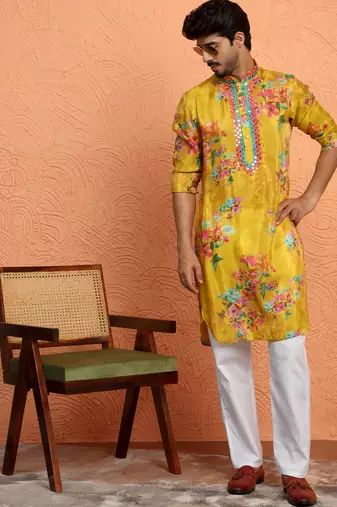 Silk yoke design floral mirror work mustard kurta with trouser pant