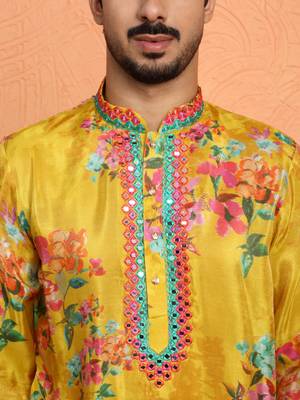 Silk yoke design floral mirror work mustard kurta with trouser pant 2