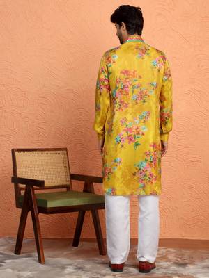 Silk yoke design floral mirror work mustard kurta with trouser pant 3