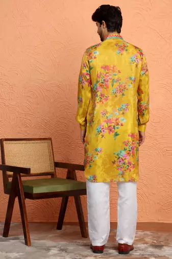 Silk yoke design floral mirror work mustard kurta with trouser pant