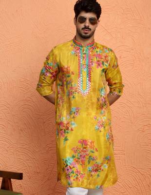 Silk yoke design floral mirror work mustard kurta with trouser pant 4