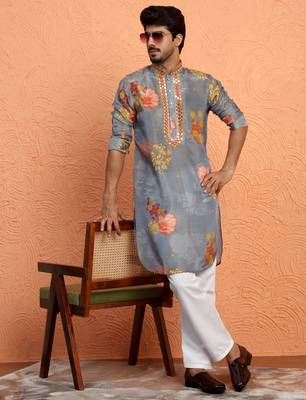 Silk yoke design floral mirror work grey kurta with trouser pant 1