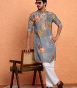 Silk yoke design floral mirror work grey kurta with trouser pant
