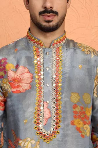 Silk yoke design floral mirror work grey kurta with trouser pant