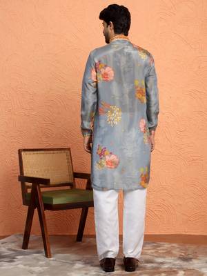 Silk yoke design floral mirror work grey kurta with trouser pant 3