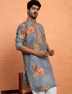 Silk yoke design floral mirror work grey kurta with trouser pant 4
