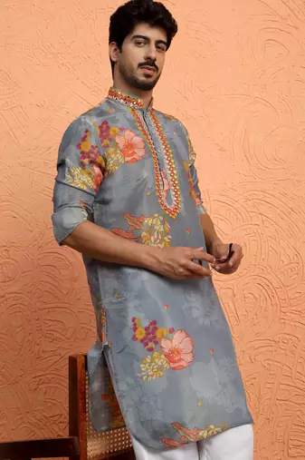Silk yoke design floral mirror work grey kurta with trouser pant