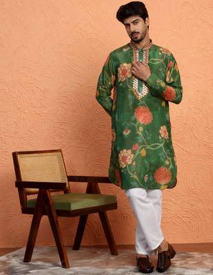 Silk yoke design floral mirror work green kurta with trouser pant 1
