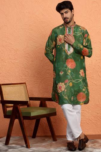 Silk yoke design floral mirror work green kurta with trouser pant