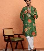 Silk yoke design floral mirror work green kurta with trouser pant
