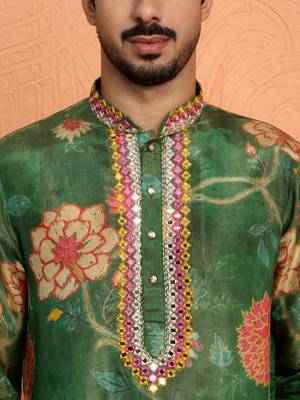 Silk yoke design floral mirror work green kurta with trouser pant 2
