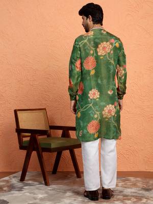 Silk yoke design floral mirror work green kurta with trouser pant 3