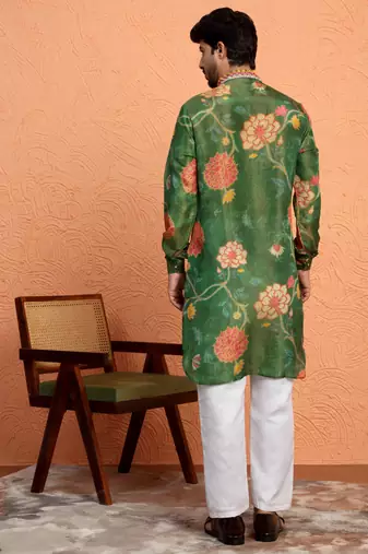 Silk yoke design floral mirror work green kurta with trouser pant