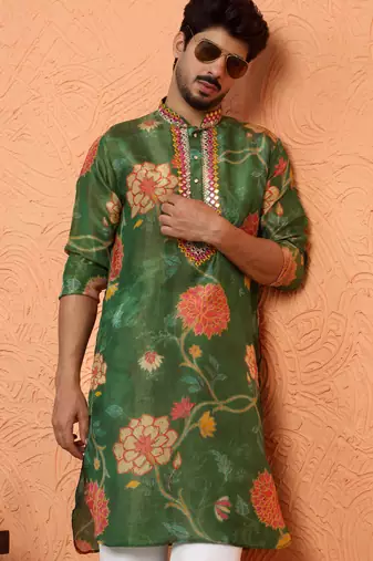 Silk yoke design floral mirror work green kurta with trouser pant