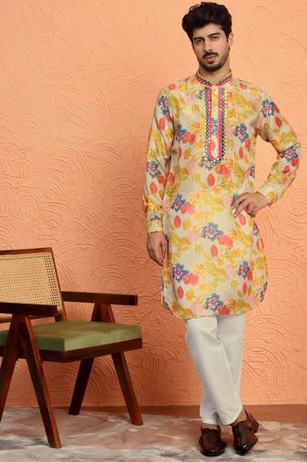 Silk yoke design floral mirror work beige kurta with trouser pant