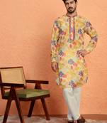 Silk yoke design floral mirror work beige kurta with trouser pant