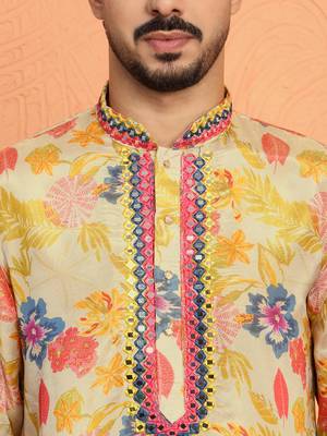 Silk yoke design floral mirror work beige kurta with trouser pant 2