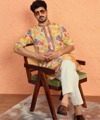 Silk yoke design floral mirror work beige kurta with trouser pant 4