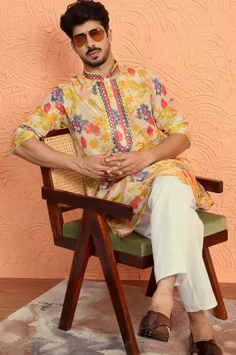 Silk yoke design floral mirror work beige kurta with trouser pant