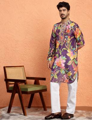 Silk yoke design floral mirror work purple kurta with trouser pant 1