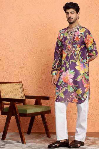 Silk yoke design floral mirror work purple kurta with trouser pant