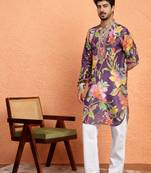Silk yoke design floral mirror work purple kurta with trouser pant