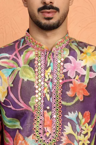 Silk yoke design floral mirror work purple kurta with trouser pant