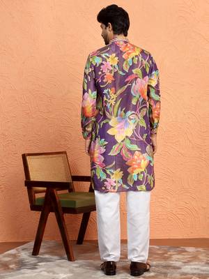 Silk yoke design floral mirror work purple kurta with trouser pant 3