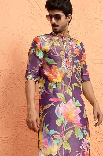 Silk yoke design floral mirror work purple kurta with trouser pant