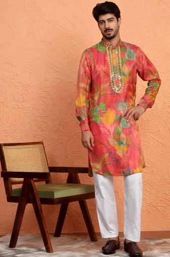 Silk yoke design floral mirror work maroon kurta with trouser pant