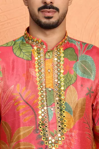 Silk yoke design floral mirror work maroon kurta with trouser pant