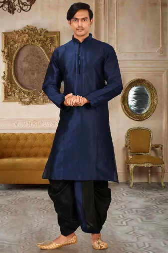 Navy blue dupon art silk kurta with pipepin work
