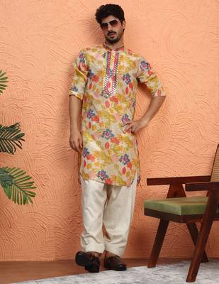 Silk yoke design floral mirror work beige kurta with salwar 1