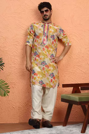 Silk yoke design floral mirror work beige kurta with salwar
