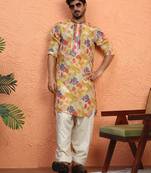 Silk yoke design floral mirror work beige kurta with salwar