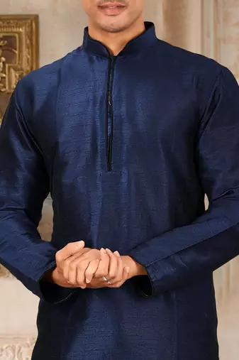 Navy blue dupon art silk kurta with pipepin work