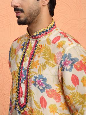 Silk yoke design floral mirror work beige kurta with salwar 2