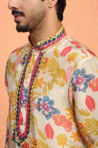 Silk yoke design floral mirror work beige kurta with salwar