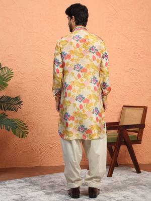 Silk yoke design floral mirror work beige kurta with salwar 3