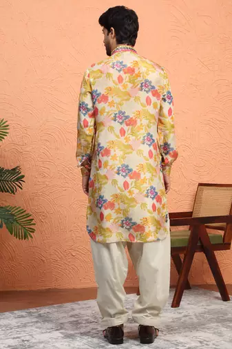 Silk yoke design floral mirror work beige kurta with salwar
