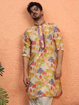 Silk yoke design floral mirror work beige kurta with salwar 4