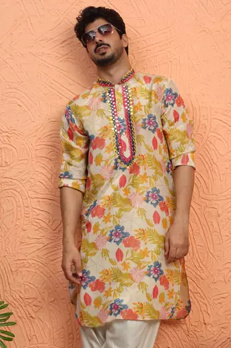 Silk yoke design floral mirror work beige kurta with salwar