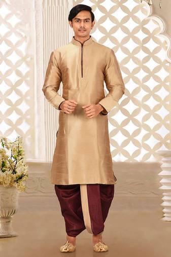 Beige dupon art silk kurta with pipepin work