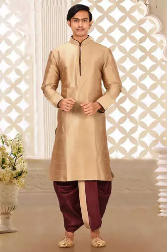 Beige dupon art silk kurta with pipepin work
